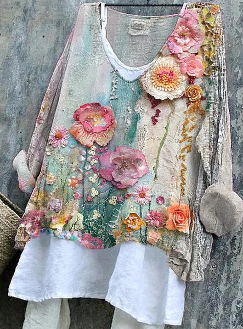 Women's Vintage Flower Pattern Print Cotton And Linen Shirt - product image 2