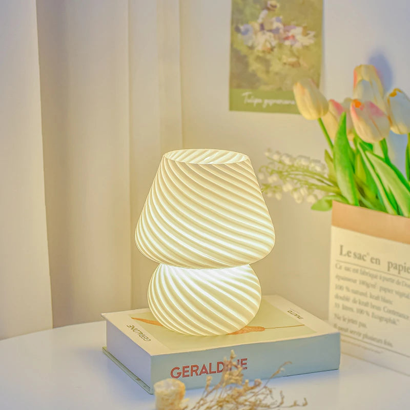 Glass LED Table Lamp Korean Ins Style Striped Mushroom Lamp Desk for Bedroom Bedside Lamp Home Decor Cute Mini Holiday Gifts