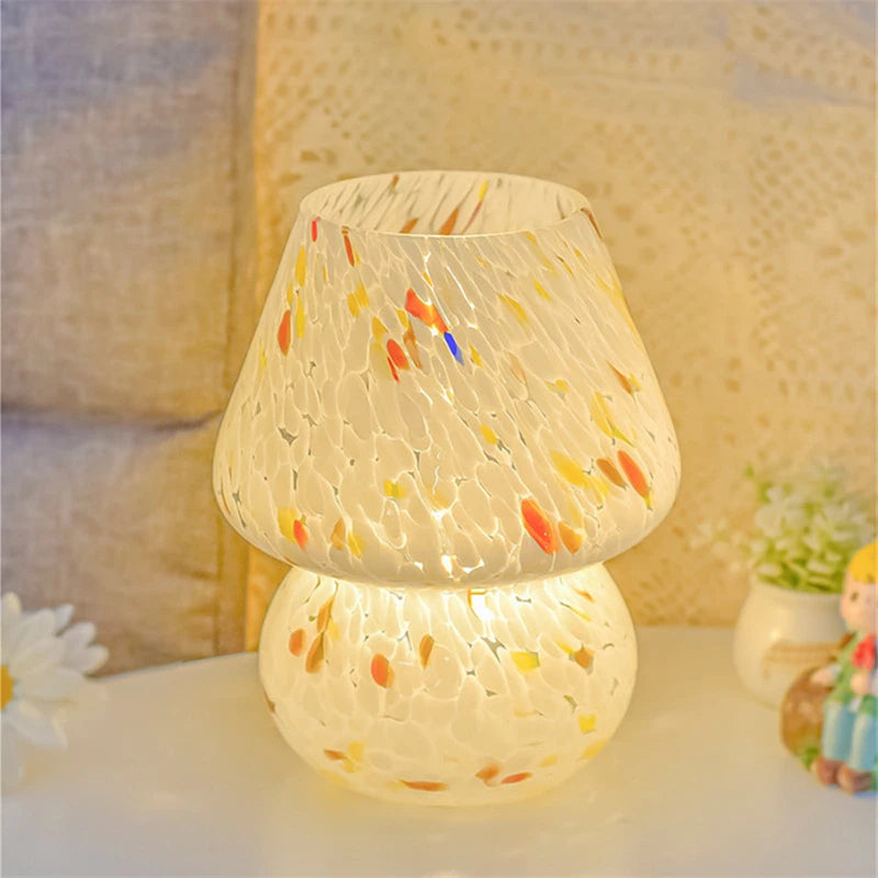 Glass LED Table Lamp Korean Ins Style Striped Mushroom Lamp Desk for Bedroom Bedside Lamp Home Decor Cute Mini Holiday Gifts