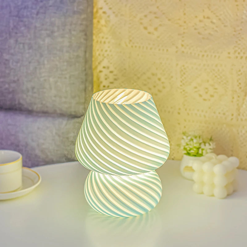 Glass LED Table Lamp Korean Ins Style Striped Mushroom Lamp Desk for Bedroom Bedside Lamp Home Decor Cute Mini Holiday Gifts